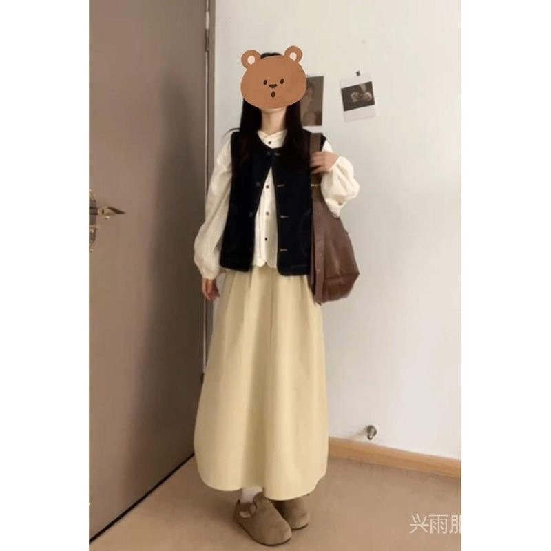 【免運】早秋爆款韓系甜美減齡學院風一整套穿搭小外套馬甲+長袖襯衫+高腰半身裙秋款 TNA7