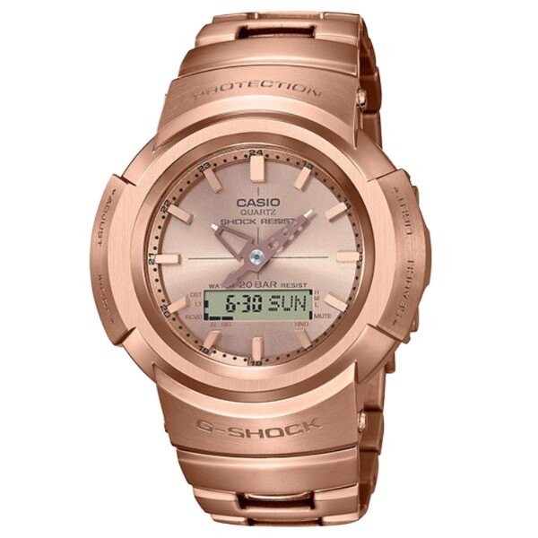 CASIO 卡西歐G-SHOCK AWM-500GD-4A 全金屬指針數位雙顯示太陽能腕錶/玫瑰金44.5mm
