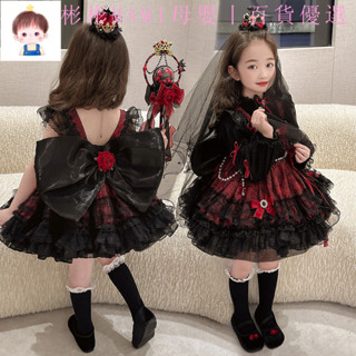 現+免運丨萬聖節女童公主裙 小惡魔cos 秋裝新款萬聖節兒童洋裝 小惡魔服裝 吸血鬼洛麗塔連身裙 v