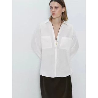 MD女裝 秋季新品法式口袋飾亞麻混紡簡約白色長袖襯衫05135650250