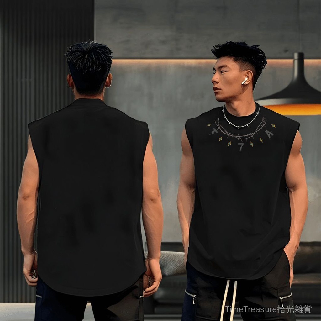 新品免運 休閒無袖背心 運動背心 [純棉]夏季休閒時尚百搭背心男t潮牌搞怪趣味貓咪印花無袖T恤坎肩