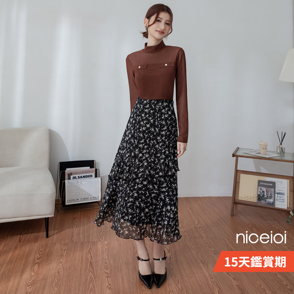 niceioi 溫柔浪漫碎花雪紡斜片蛋糕裙
