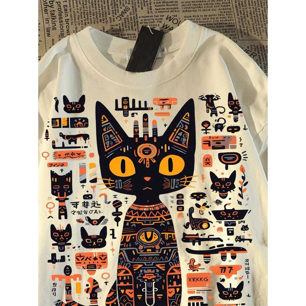 運動短袖 涼感t恤 美式潮牌貓咪字母印花短袖t恤男女情侶夏季vintage復古寬松上衣服