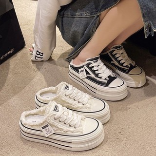 【台灣出貨】🌟熱銷 包頭半拖鞋女 外穿厚底帆布鞋子 半拖懶人鞋 拖鞋 休閒百搭穆勒鞋 前包後空帆布鞋 一腳蹬 樂福鞋