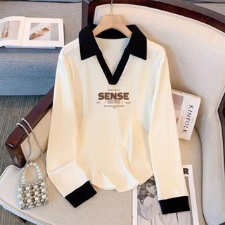 衣時尚 大碼上衣 長袖T卹 印花上衣 中大碼 M-4XL新款通勤顯瘦polo領打底ins上衣-7088.