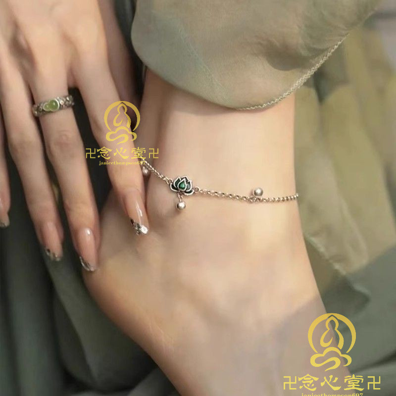 古風腳鍊 新中式三生綠蓮琺瑯腳鏈小衆ins複古風圓珠鏈簡約百搭新款腳飾品