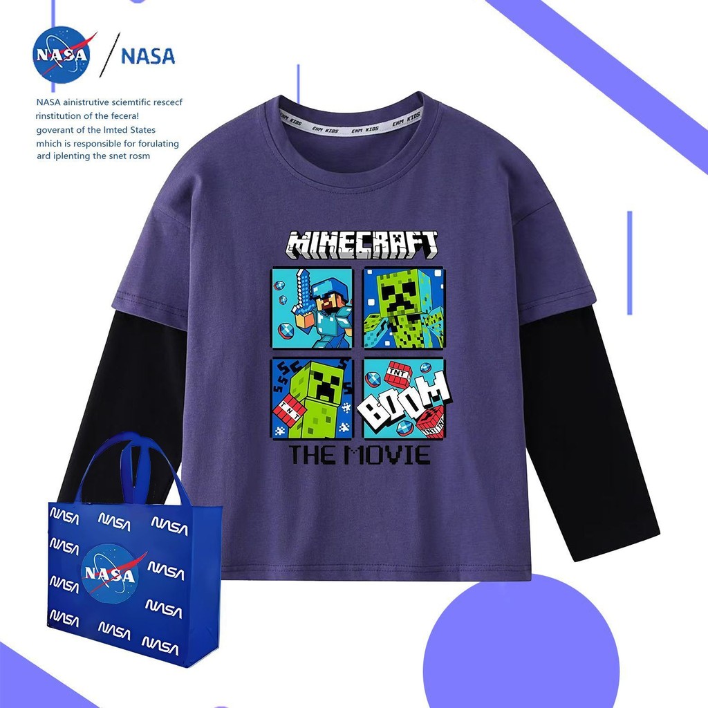 ✨新款✨ 麥塊長袖 我的世界苦力怕印花假兩件T恤 25年秋季新款潮流假兩件圓領上衣 兒童休閒純棉上衣 異色領 異色袖T恤