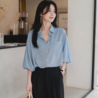 韓版五分袖襯衫女雪紡燈籠袖上衣復古寬松純色襯衣潮夏季女生顯瘦襯衫時尚百搭休閒多巴胺穿搭 喇叭袖襯衫 燈籠袖 上班族穿搭