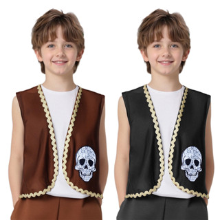 Jhaoyu 中性兒童男孩女孩海盜服裝開襟背心骷髏骨頭印花金色波浪織帶裝飾海盜背心萬聖節角色扮演活動海盜主題派對 St