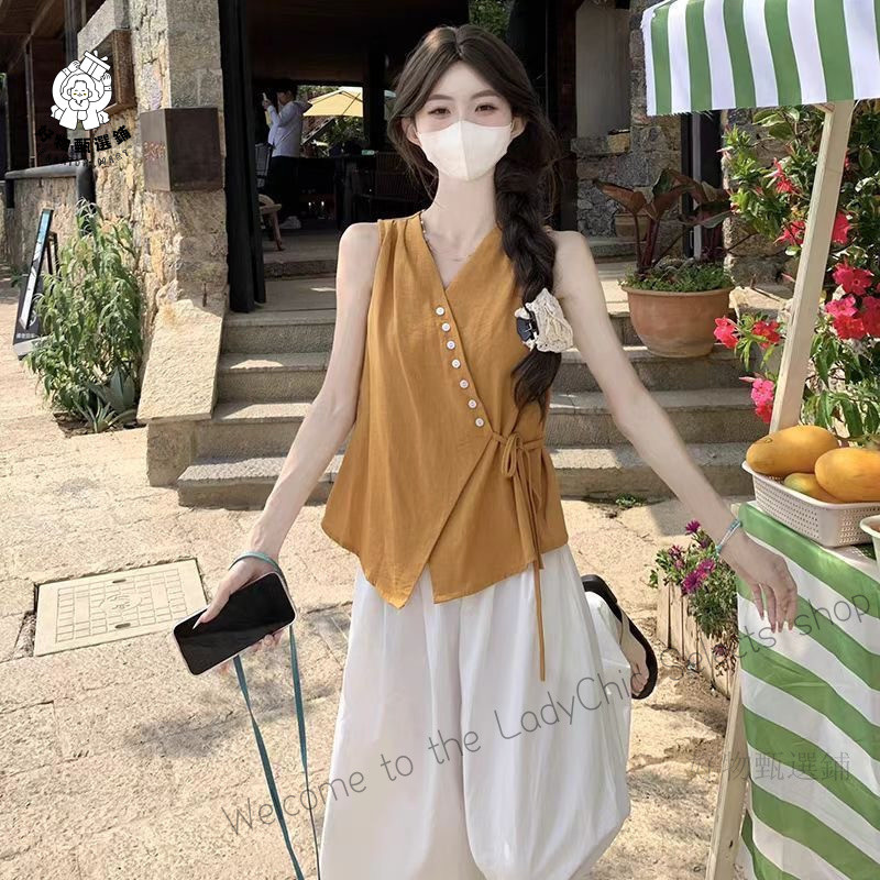 無袖上衣女夏日2025新款多巴胺穿搭獨特漂亮法式小資V領襯衫