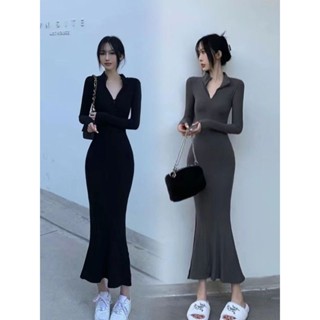【小宅妹】法式復古風包臀魚尾polo領小黑裙秋季赫本風氣質長袖後媽連衣裙子洋裝長裙 秋冬連身裙 長袖洋裝