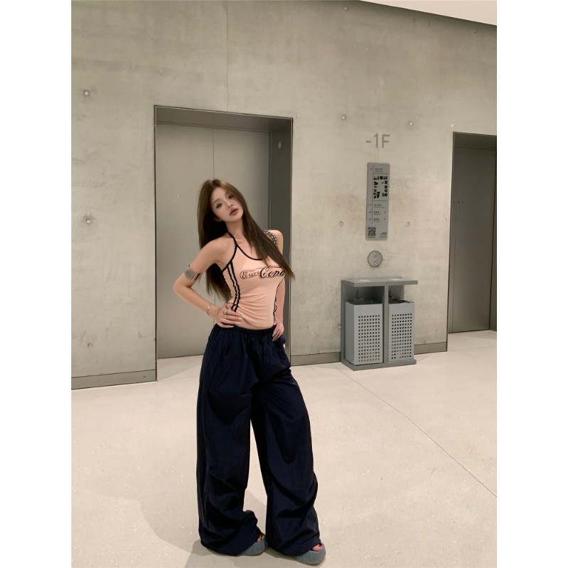 實拍S-M 美式辣妹背心女 吊帶上衣女 復古寬鬆拽酷直筒褲女 鬆弛感休閒褲女 工裝褲 爵士舞跳舞長褲 吊帶背心闊腿褲女