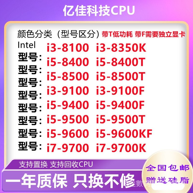 【現貨+特價促銷】 i3-9100F 8100 i5 8400 8500 9400F 9500t 9600kf 9700