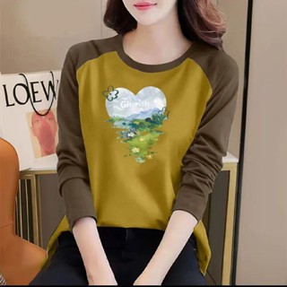 2026春秋新款撞色長袖T恤女洋氣大碼顯瘦遮肚百搭圓領打底衫上衣韓系時尚百搭寬鬆顯瘦長袖t恤 秋季洋氣氣質打底衫上衣