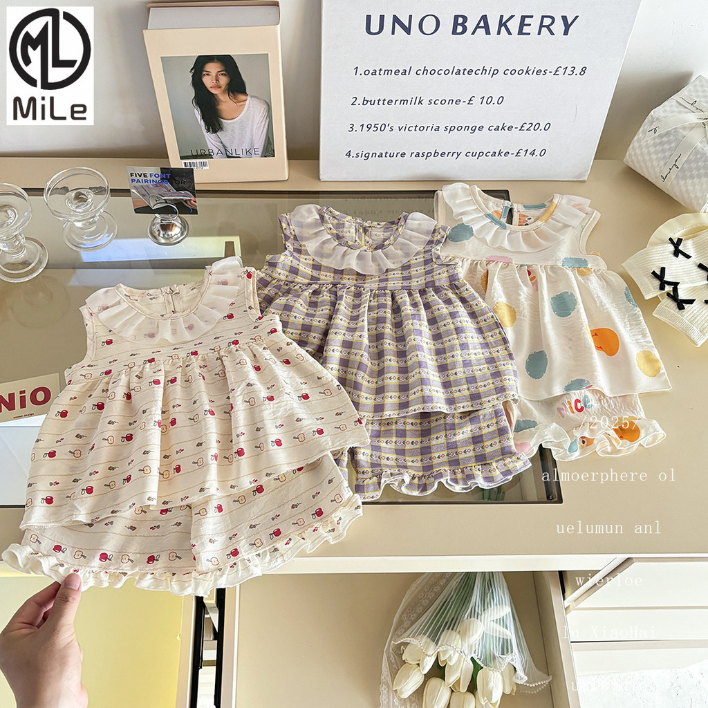 【ML】80-150CM 兩件套 雲邊卡通套裝 夏季 薄款無袖 公主 女寶寶 可愛碎花裙子