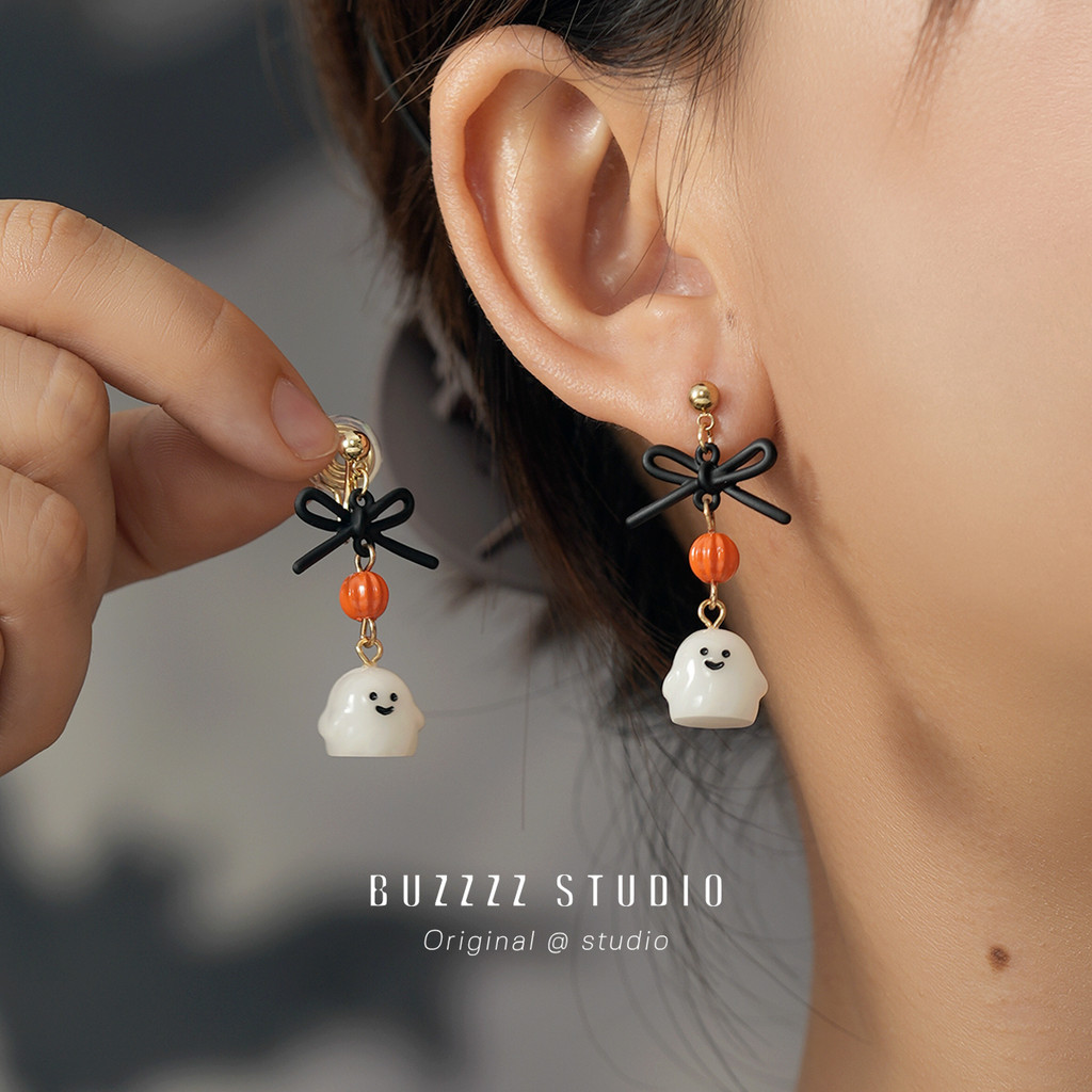 喜飾！蝴蝶結南瓜立體小幽靈耳釘 萬聖節限定 原創設計 萬聖節耳飾 2025新款 個性耳環 無耳洞耳夾 小幽靈耳飾 免運