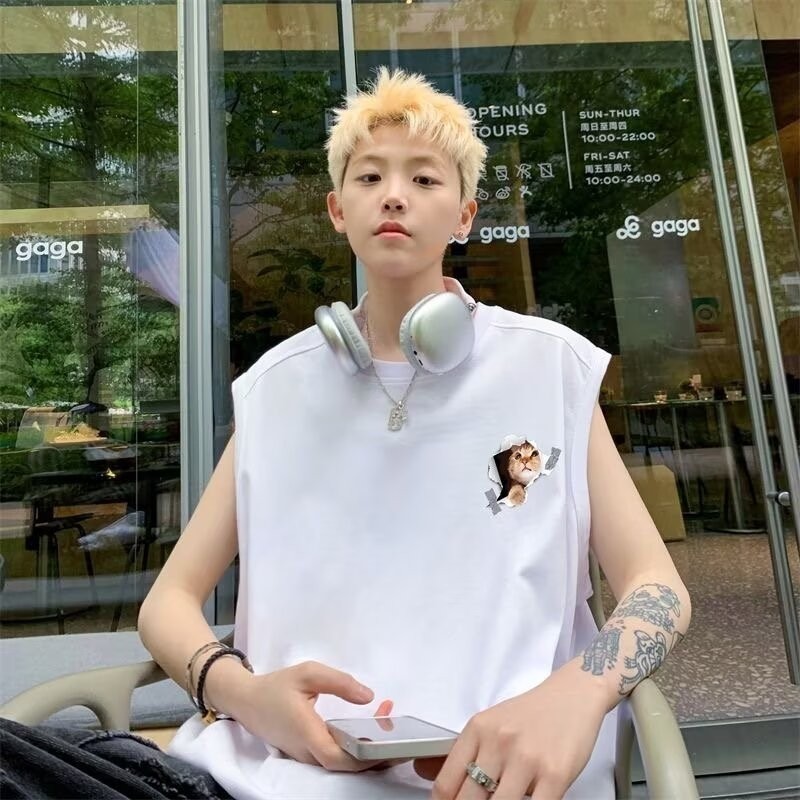 2025 年款多用途厚重棉質做舊貓圖案美式風格男士背心無品牌原宿潮流日系風格新款 23 M4OP