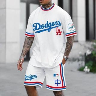 夏季爆款白紅藍配色運動套裝 寬鬆LA Dodgers套裝一整套