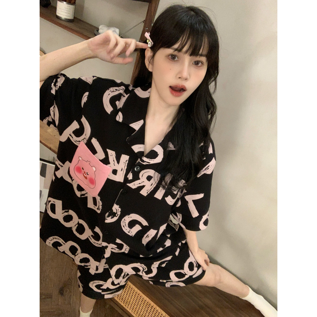 【の時光衣間й】露比睡衣女 韓係 Loopy 卡通印花 夏季冰絲棉短袖開衫 兩件式黑色家居服 可外穿甜妹寢衣 軟萌露比露