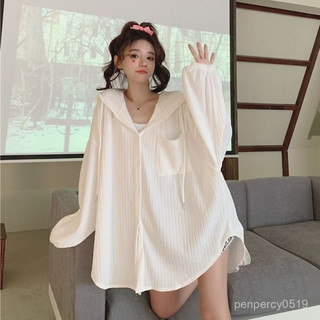 🐱 限時下殺 防曬衫女夏 長袖薄款 寬鬆設計感上衣 連帽開衫外套女 提花大碼 韓版紐扣百搭開衫襯衣ins 慵懶風 Q