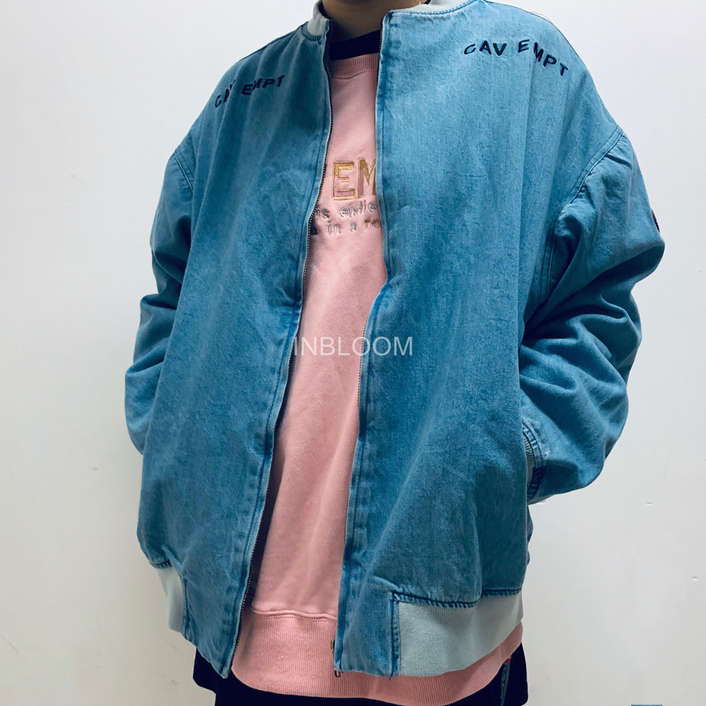 CAV EMPT CE春秋款日潮水洗淺藍牛仔刺繡寬鬆情侶棒球服外套夾克