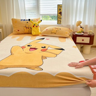 卡通床包組 可愛床包 牛奶絨保暖床包 寶可夢皮卡丘床包床單床罩防塵防滑 法蘭絨保暖床包 可機洗烘幹 單人 雙人