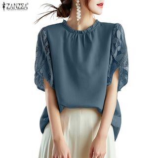 ZANZEA 女式韓版溫柔風格圓領短袖蕾絲拼接寬鬆上衣
