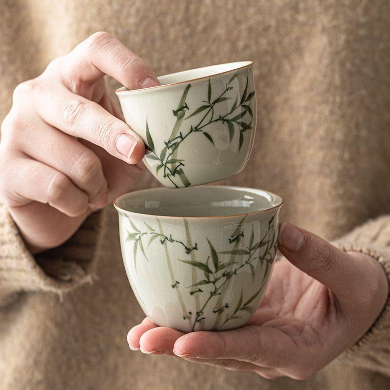 【七月熱銷】翠綠文竹水缸杯主人杯大號茶盞陶瓷喝茶杯中式功夫茶具品茗杯單杯