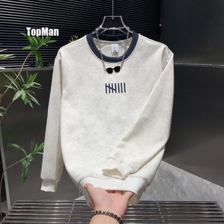 TopMan 男生長袖 中刺繡8條做舊暈染撞色領休閒大學t 運動打底衫 長袖大學t男