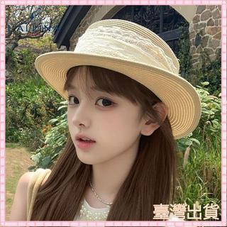 LALPINA 蕾絲編織平頂草帽女夏季海邊度假沙灘遮陽防曬帽赫本風可開發票✅雲絮髮飾✨臺灣出貨✨