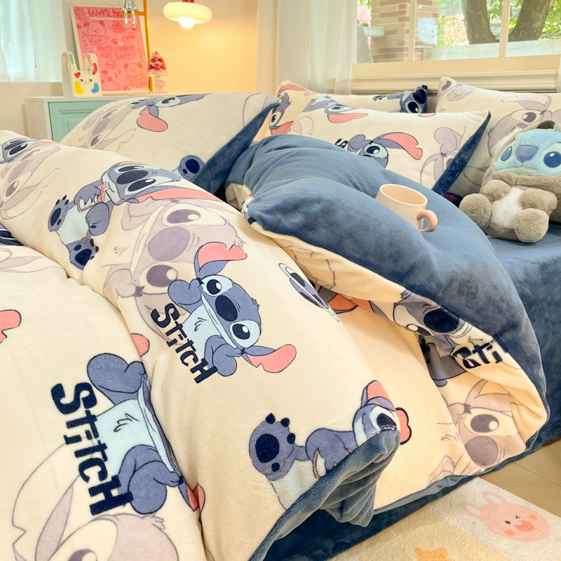 臺灣出貨🔥卡通史迪仔牛奶絨四件套珊瑚絨冬季保暖床單雙面加絨厚被套三件套 兒童學生被子被套三件套 成人被套三件套