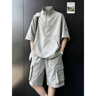 美式工裝短袖短褲套裝男生夏季酷帥一整套搭配帥氣ootd休閒運動服 休閒套裝 男生套裝 休閒穿搭 夏天套裝 短袖套裝
