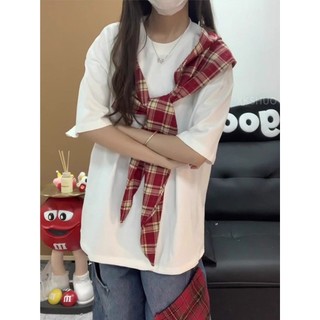 赤道少女 格子綁帶短袖T恤 短袖上衣 oversize 設計感上衣 寬鬆上衣 夏天 上衣女