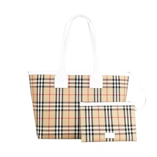 BURBERRY巴寶莉經典格紋圖騰帆布London子母托特包(大/米白)
