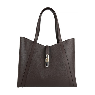 FURLA 小牛皮Goccia系列燙金LOGO 垂掛帶開口式手提/肩背托特包(L/咖啡)