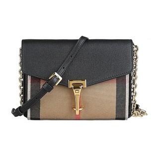 BURBERRY Baby Macken雕刻字母LOGO直線條紋設計帆布拼小牛皮翻蓋肩背斜背包(黑x棕)