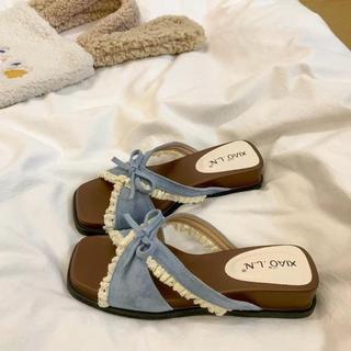『Shoes oF Lady』新款上新 時尚百搭 甜美可愛風 花邊蝴蝶結設計 坡跟一字拖鞋 女鞋 鞋子 沙灘鞋 度假涼拖