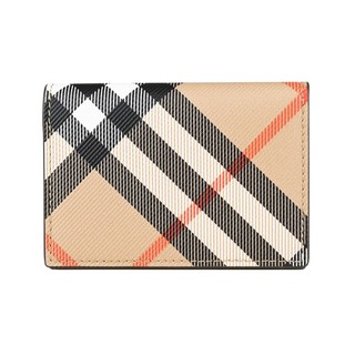 BURBERRY 內烙印LOGO格紋塗層帆布拼小羊皮對折卡片夾(沙棕)