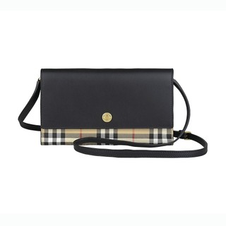 BURBERRY Hannah壓印金字釦LOGO小牛皮拼接格紋PVC 12卡釦式斜背長夾(黑x米格紋)