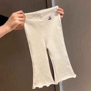 Mimo⭐女童打底褲春季小女孩櫻桃刺繡純色木耳邊喇叭褲