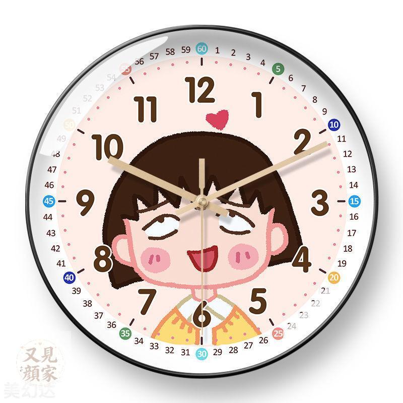 櫻桃小丸子鐘表卡通可愛萌自動對時電波掛鐘奶油風餐廳網紅時鐘客廳大氣電波鐘