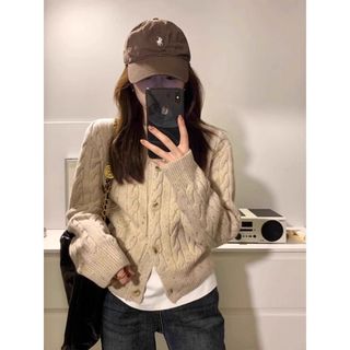 【FLshop】 麻花針織開衫 美拉德短版針織外套 LTIFONE韓系復古長袖針織開衫外套女秋季設計感寬鬆麻花毛衣開衫