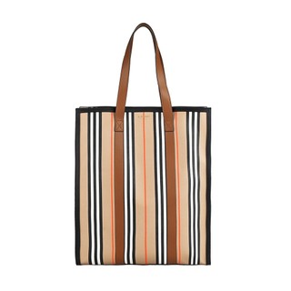 BURBERRY燙印字LOGO都市直線條設計PVC拼小牛皮按釦式直立手提肩背托特包(卡其x黑)