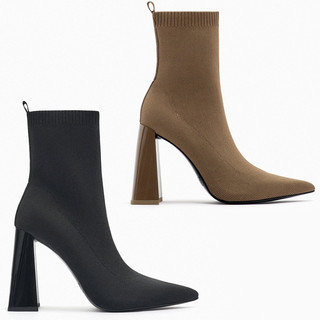 【shoes鞋魔】出口西班牙訂單 ZA2025秋季新品TRF女鞋 棕黃色幾何形高跟女短靴 粗跟復古飛職短靴 彈力女襪靴子