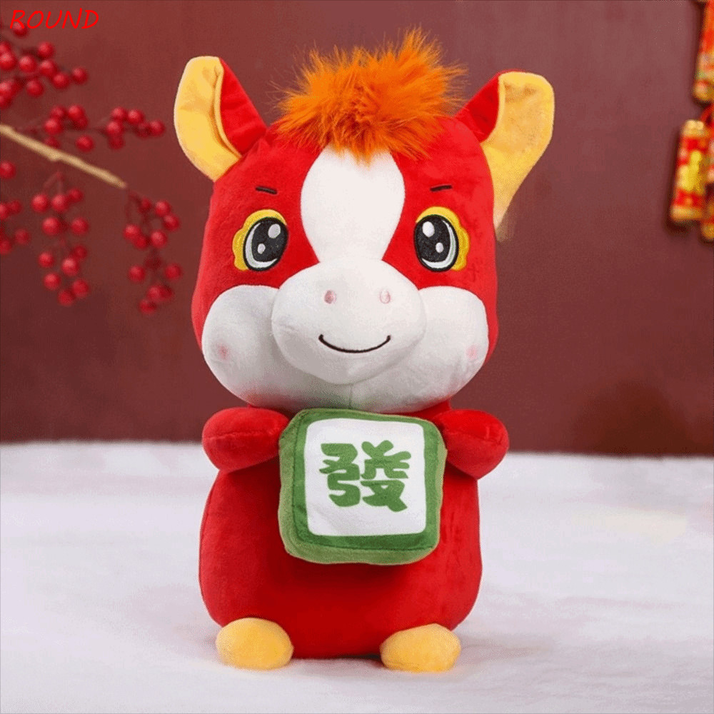 ROUND 年馬吉祥物,可愛卡通動物馬毛絨公仔,活潑的紅色逼真可愛的幸運吉祥物桌面裝飾