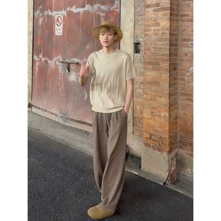 咖色亞麻褲子男夏季薄款老錢風垂感西褲冰絲休閒直筒長褲 西褲 韓版西裝褲 西裝 寬鬆長褲 長褲男