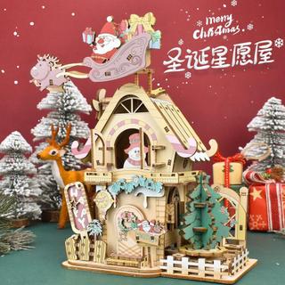 【精緻桌搭】童話旋轉音樂盒 🎵夢幻旋轉木馬/冰雪城堡🎵 音樂盒積木 DIY木質拼裝八音盒diy立體拼圖手工兒童益智積