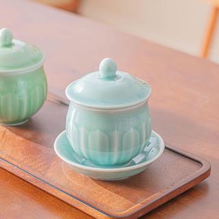 臺灣出貨陶瓷杯子龍泉青瓷供奉蓮花水杯寺院佛堂貢杯子水杯子帶底座佛具