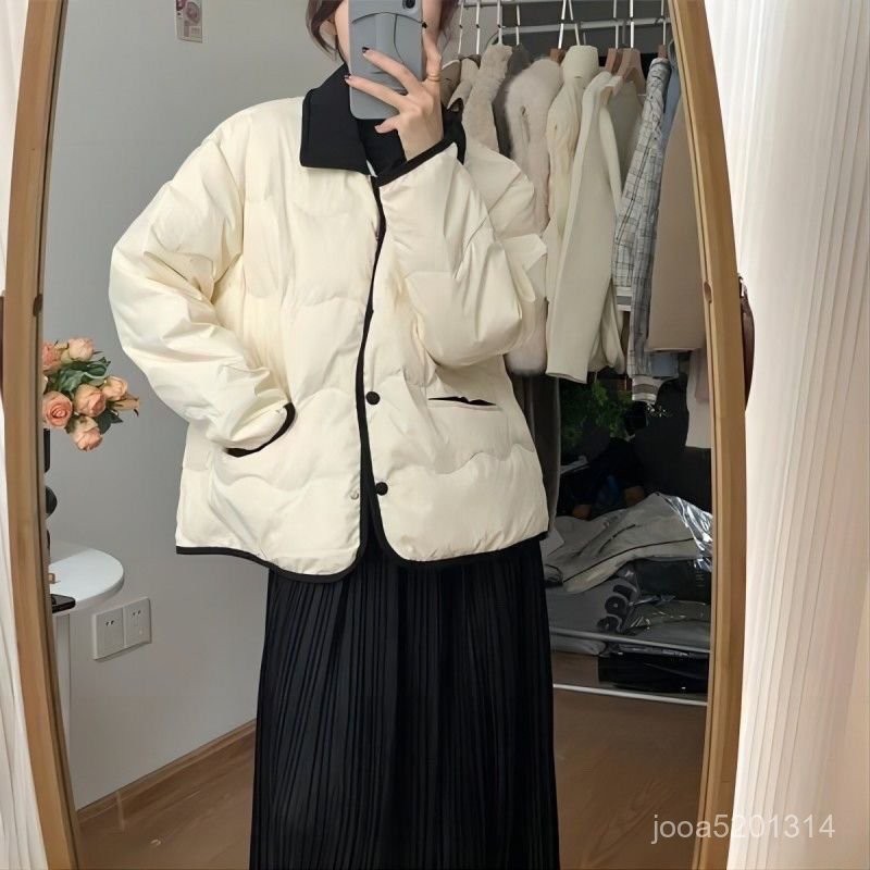 【MR.男先生】臺灣出貨 免運 女棉服 羽絨棉服女冬季短款輕薄寬鬆棉襖時尚韓版撞色翻領外套小香風棉衣 AXGZ