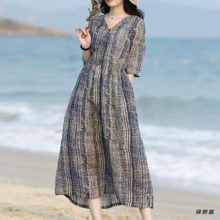 【綠側貓】薴麻裙女夏新款文藝條紋氣質中長棉麻洋裝2026年流行復古亞麻裙